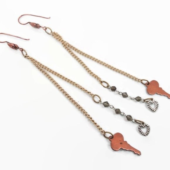 Key Earring, Long Chain, Steampunk Earrings, Hearts, Mixed Metals, Artisan - Picture 1 of 3
